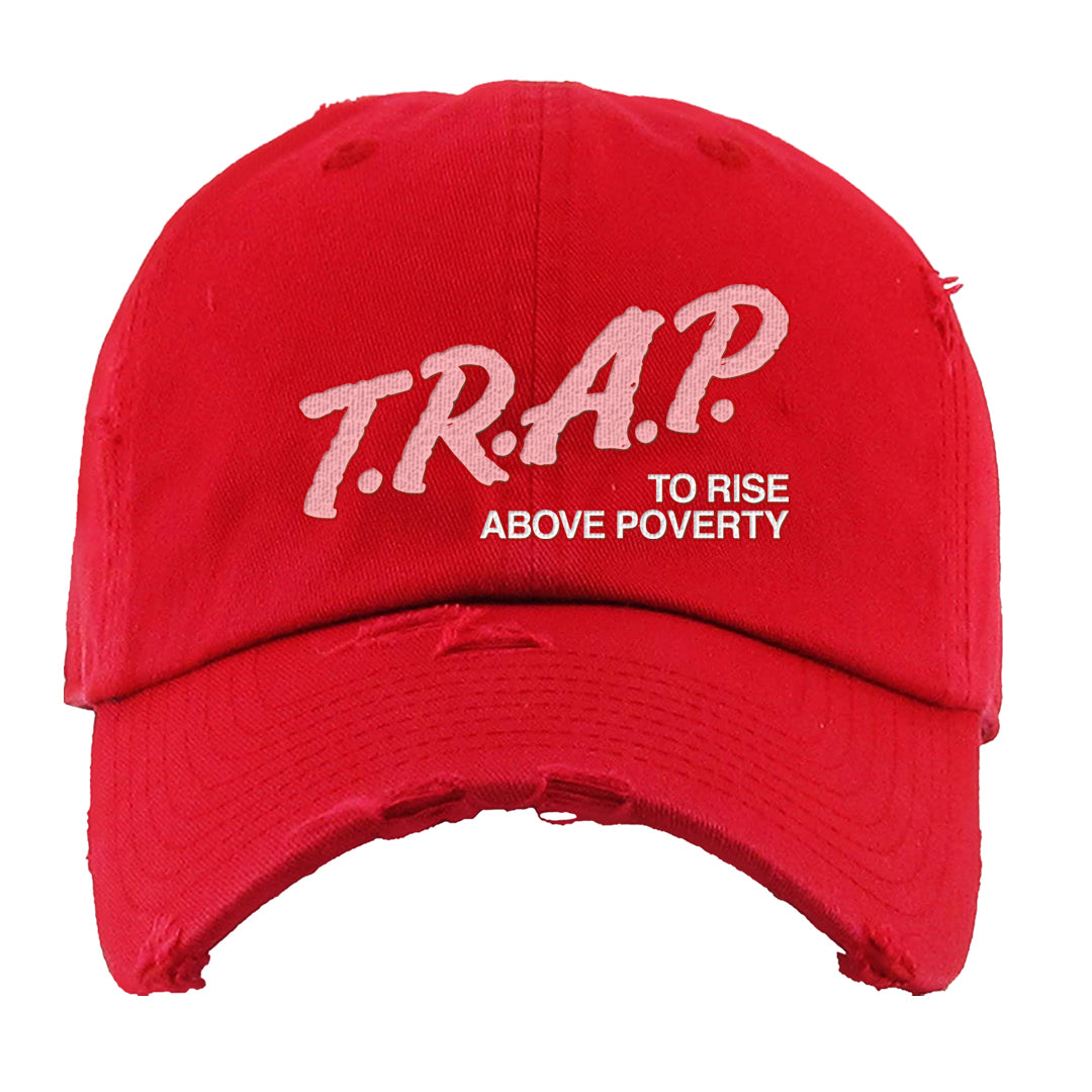 Bacon Low Dunks Distressed Dad Hat | Trap To Rise Above Poverty, Red