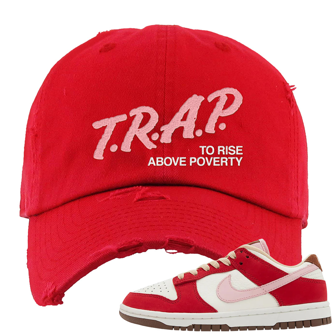 Bacon Low Dunks Distressed Dad Hat | Trap To Rise Above Poverty, Red