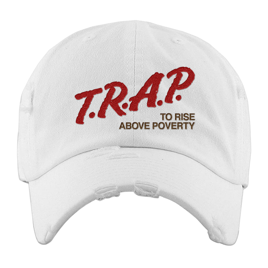 Bacon Low Dunks Distressed Dad Hat | Trap To Rise Above Poverty, White