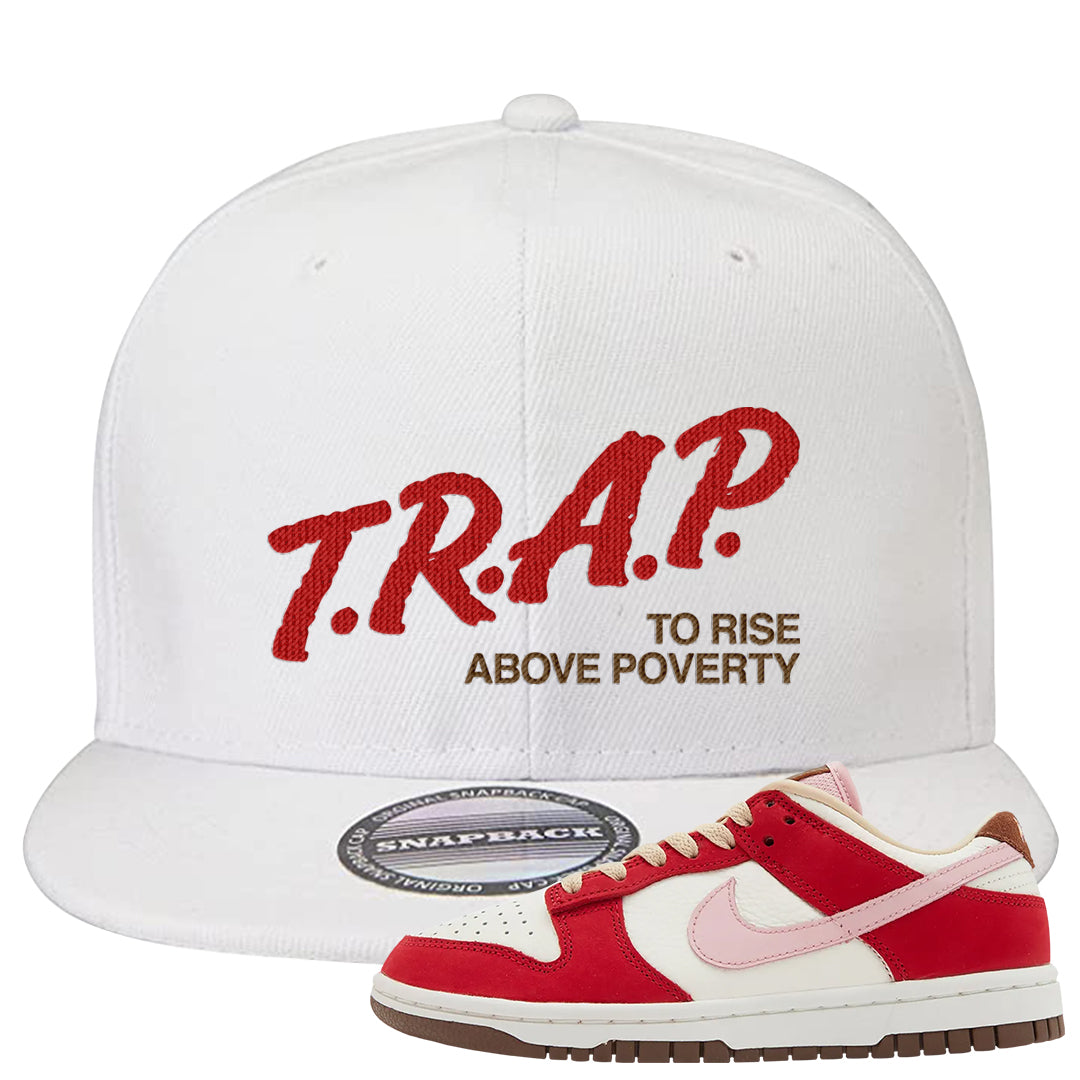 Bacon Low Dunks Snapback Hat | Trap To Rise Above Poverty, White
