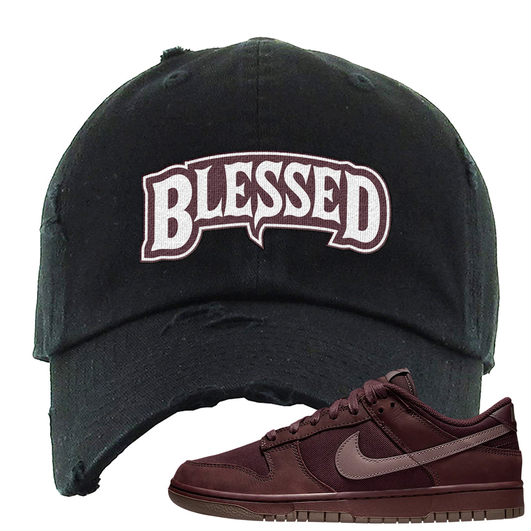 Burgundy Crush Low Dunks Distressed Dad Hat | Blessed Arch, Black