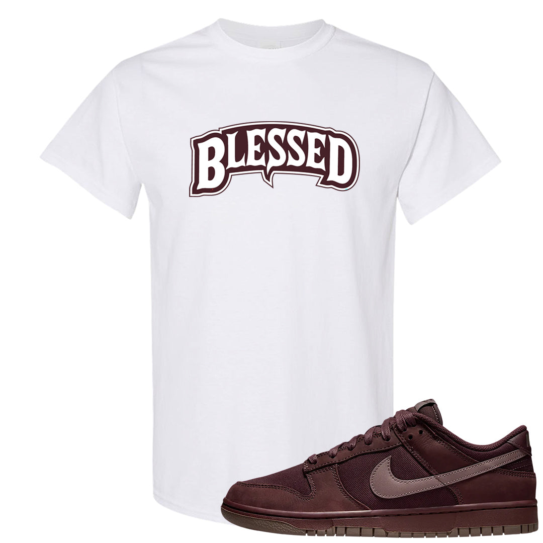 Burgundy Crush Low Dunks T Shirt | Blessed Arch, White
