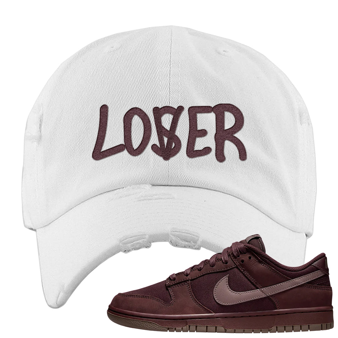 Burgundy Crush Low Dunks Distressed Dad Hat | Lover, White