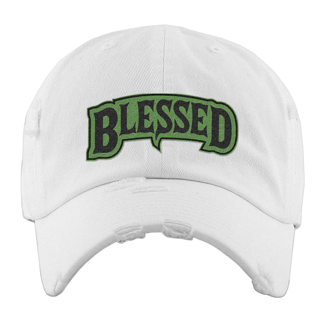 Clad Green Low Dunks Distressed Dad Hat | Blessed Arch, White