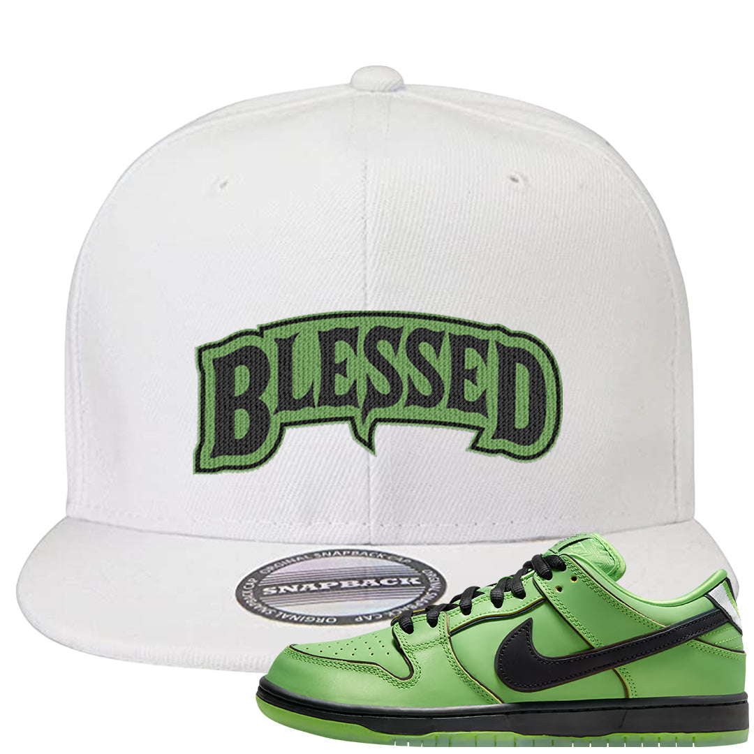 Clad Green Low Dunks Snapback Hat | Blessed Arch, White