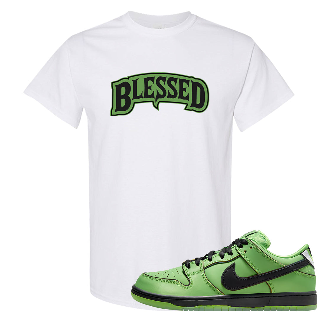 Clad Green Low Dunks T Shirt | Blessed Arch, White