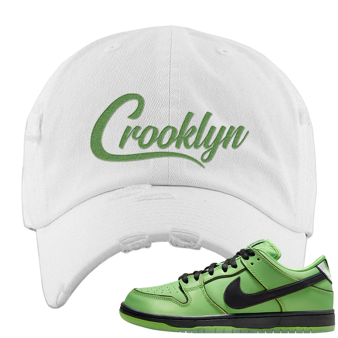 Clad Green Low Dunks Distressed Dad Hat | Crooklyn, White