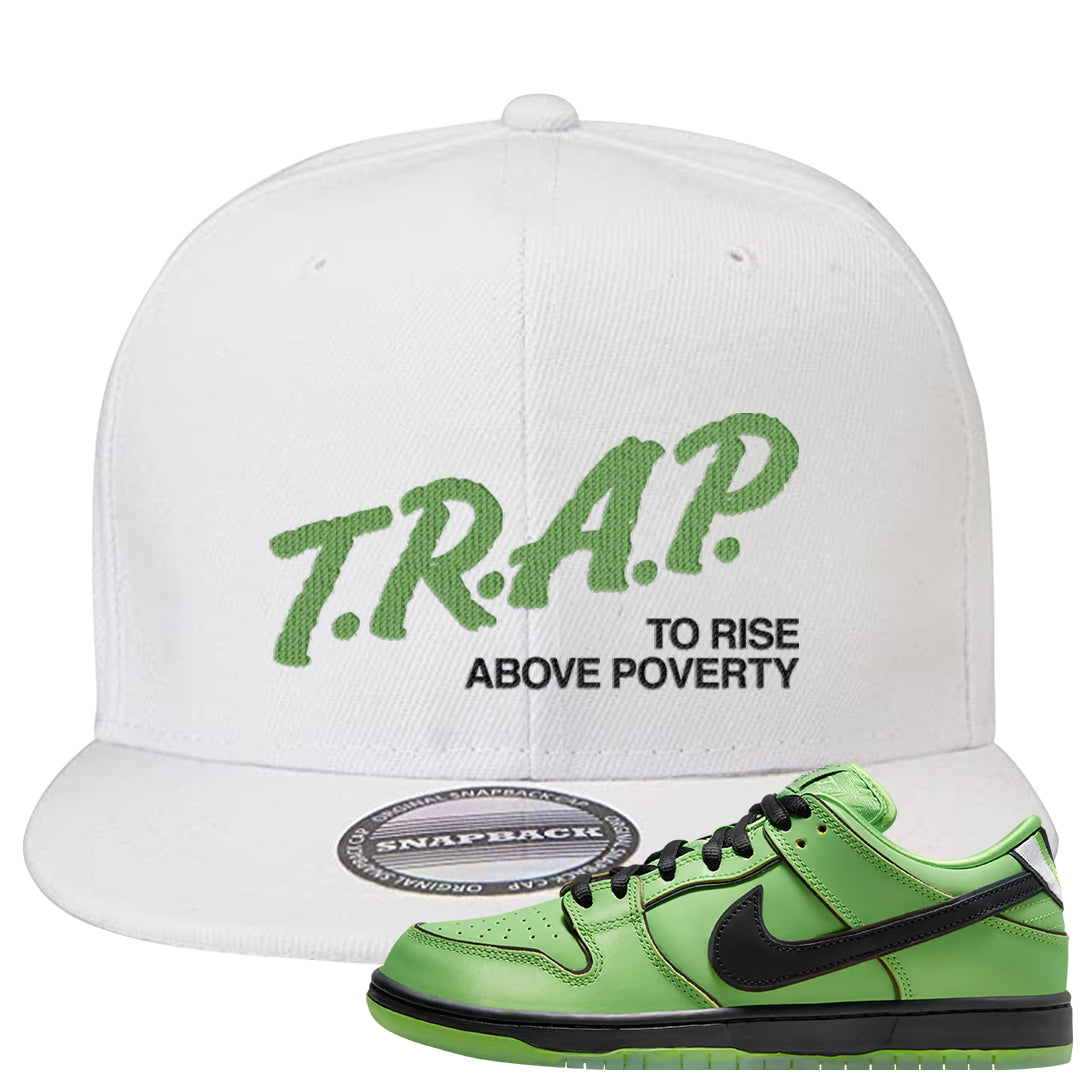 Clad Green Low Dunks Snapback Hat | Trap To Rise Above Poverty, White