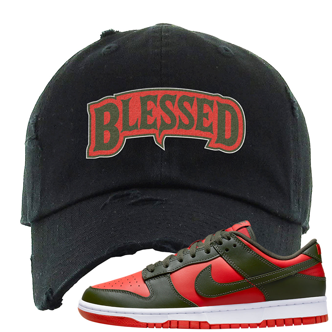 Cargo Khaki Low Dunks Distressed Dad Hat | Blessed Arch, Black