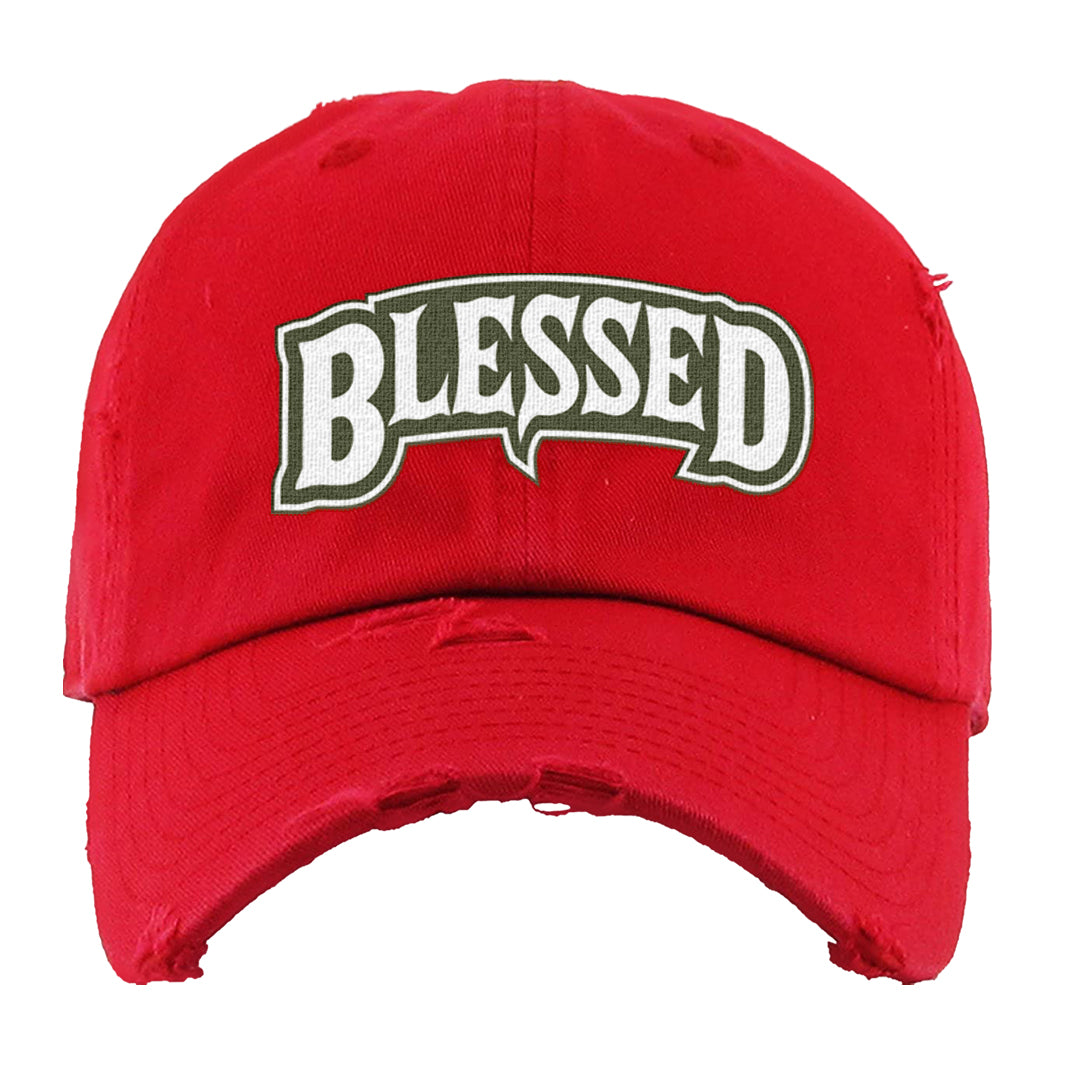 Cargo Khaki Low Dunks Distressed Dad Hat | Blessed Arch, Red