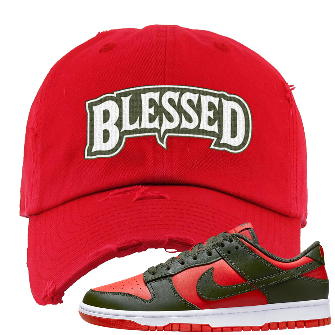 Cargo Khaki Low Dunks Distressed Dad Hat | Blessed Arch, Red