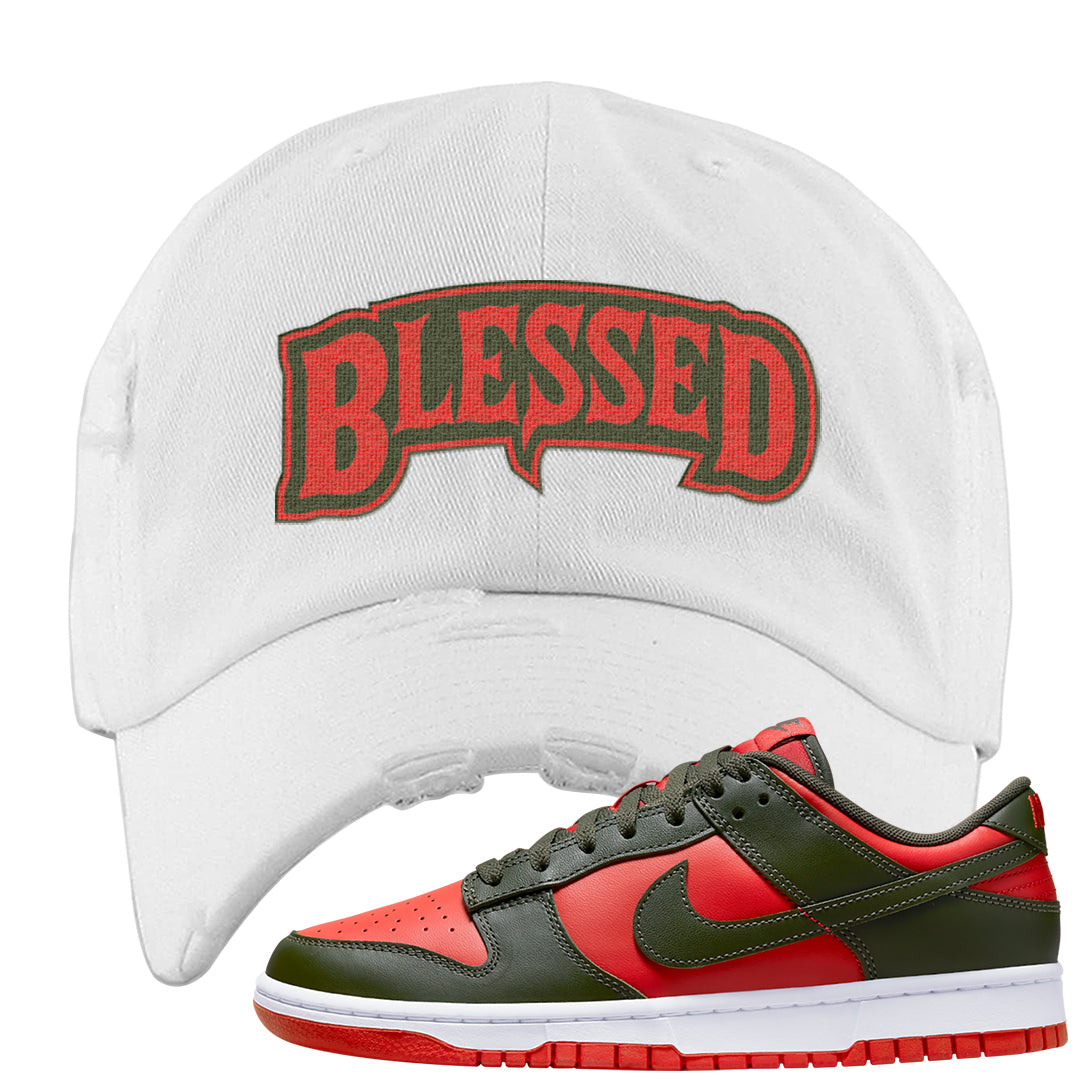 Cargo Khaki Low Dunks Distressed Dad Hat | Blessed Arch, White