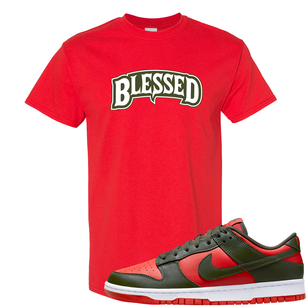 Cargo Khaki Low Dunks T Shirt | Blessed Arch, Red