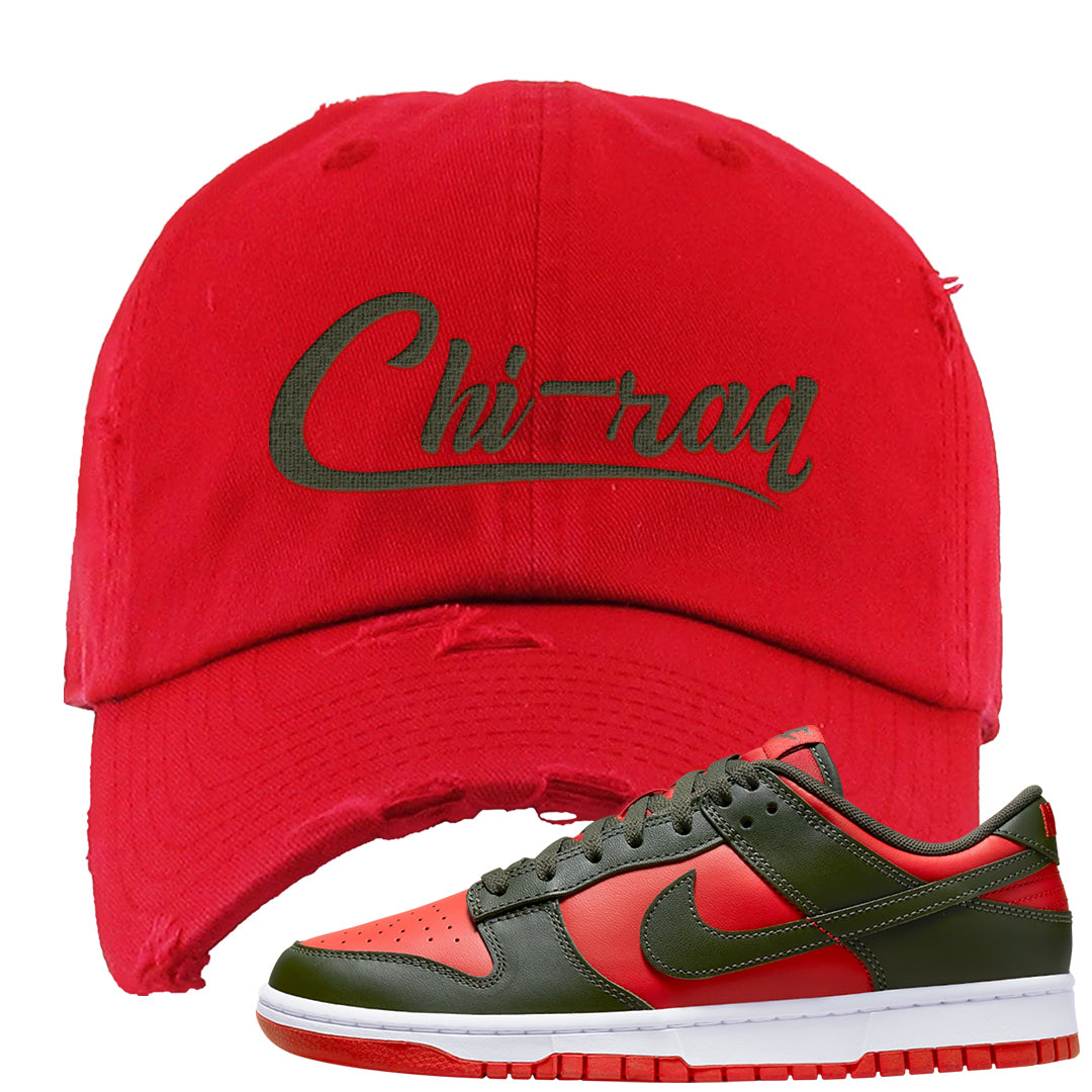 Cargo Khaki Low Dunks Distressed Dad Hat | Chiraq, Red