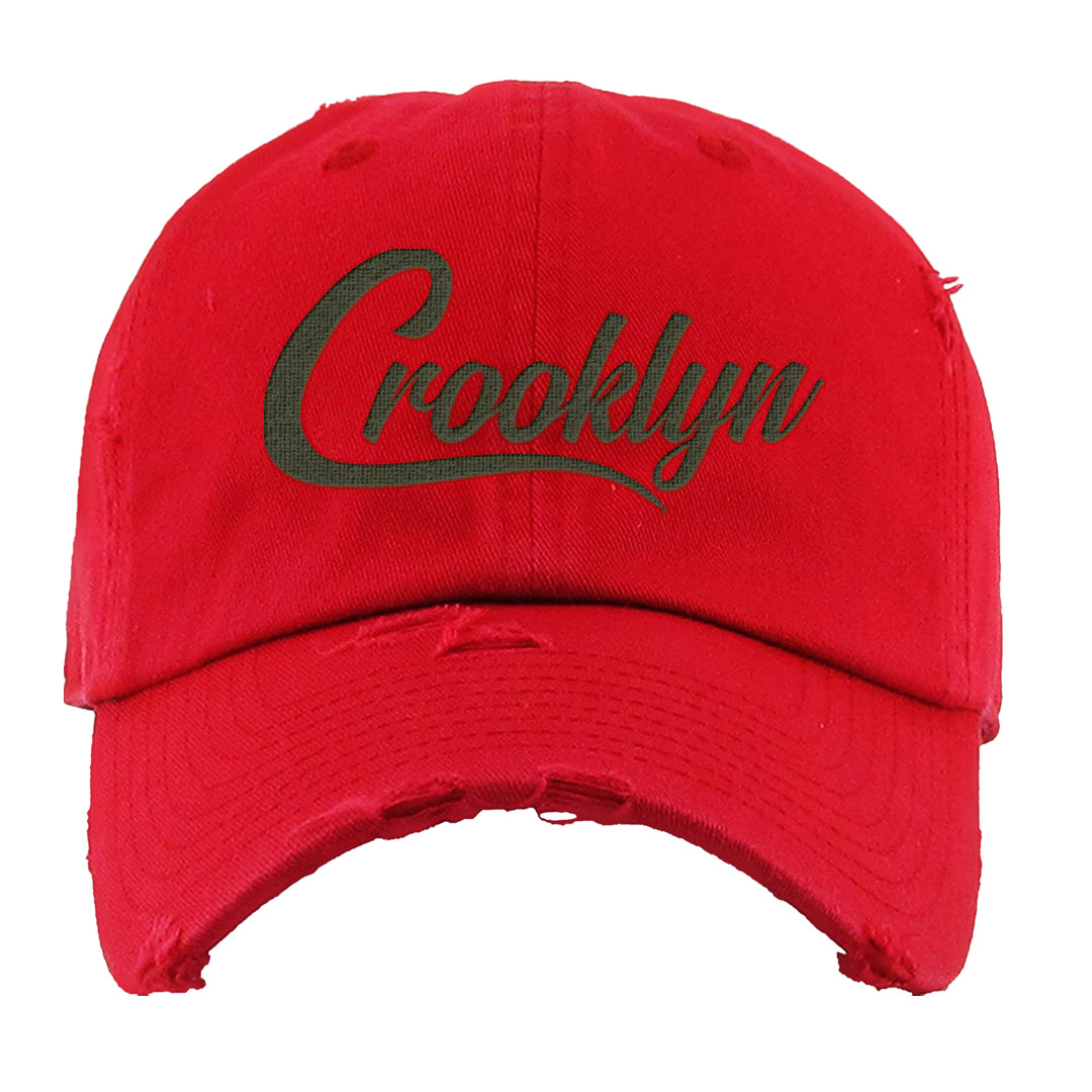 Cargo Khaki Low Dunks Distressed Dad Hat | Crooklyn, Red