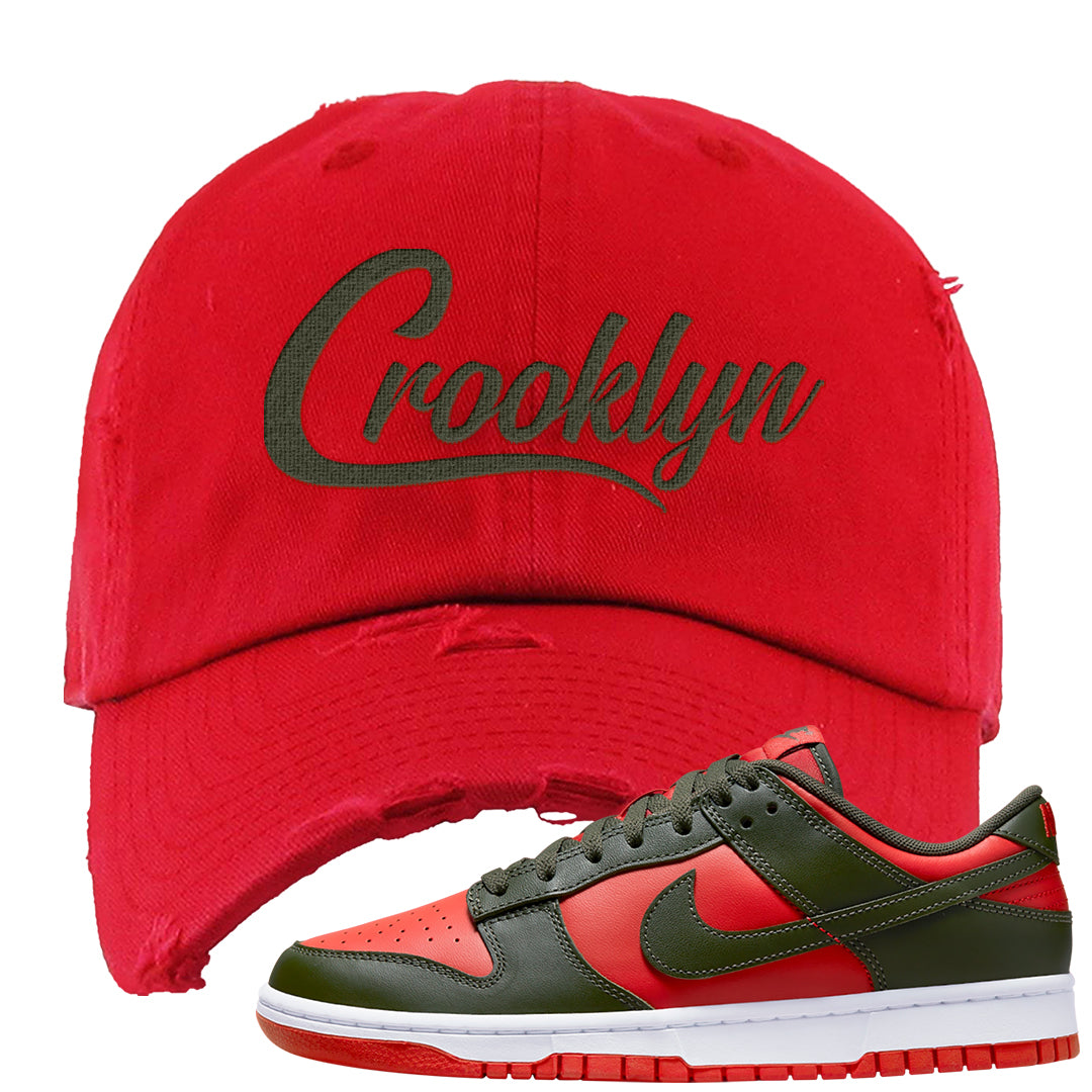 Cargo Khaki Low Dunks Distressed Dad Hat | Crooklyn, Red