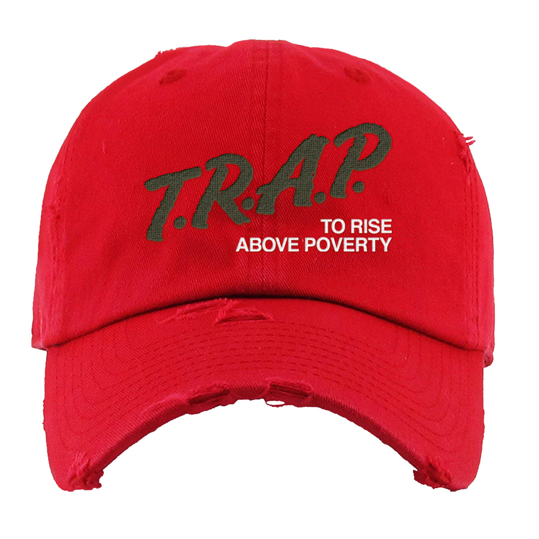 Cargo Khaki Low Dunks Distressed Dad Hat | Trap To Rise Above Poverty, Red