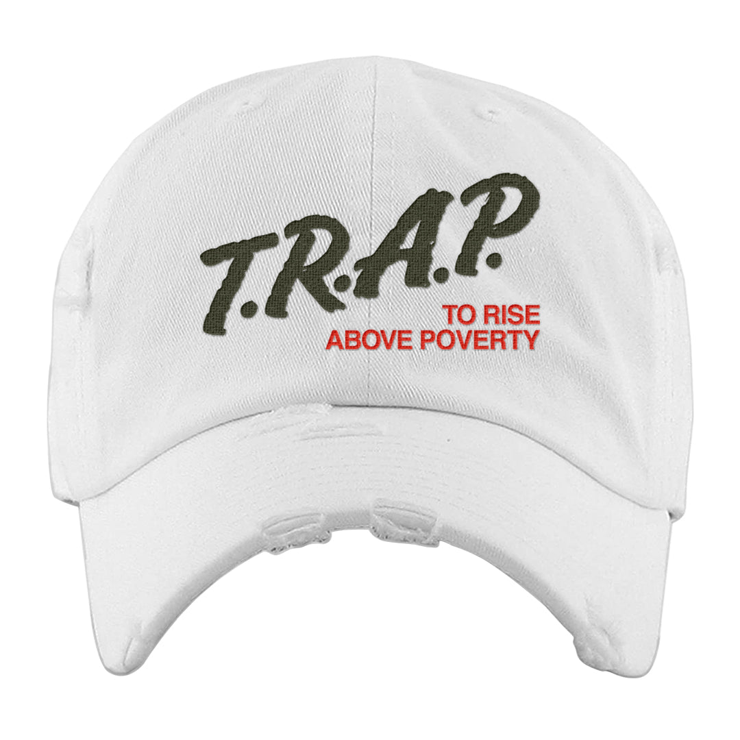 Cargo Khaki Low Dunks Distressed Dad Hat | Trap To Rise Above Poverty, White