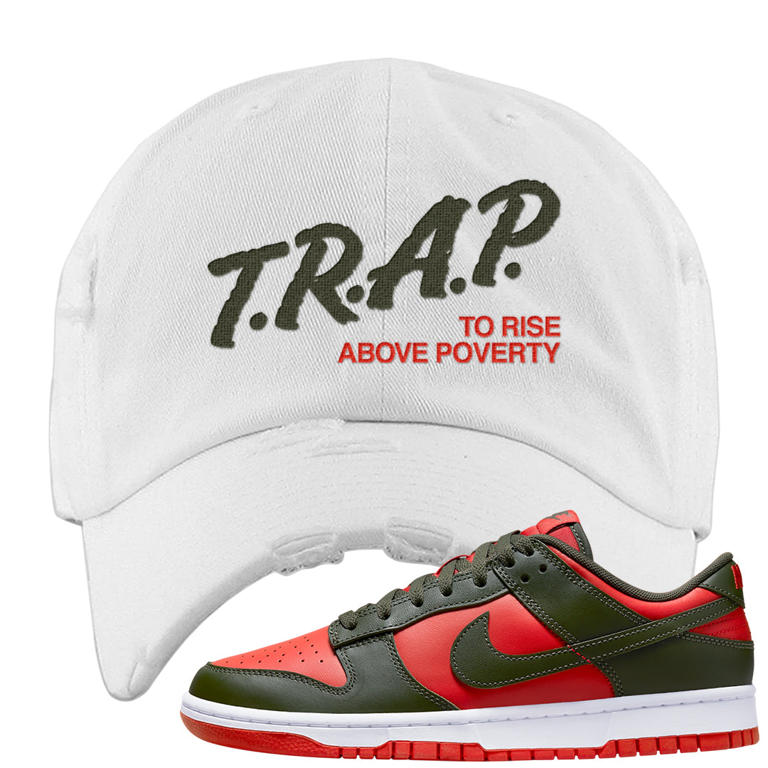 Cargo Khaki Low Dunks Distressed Dad Hat | Trap To Rise Above Poverty, White