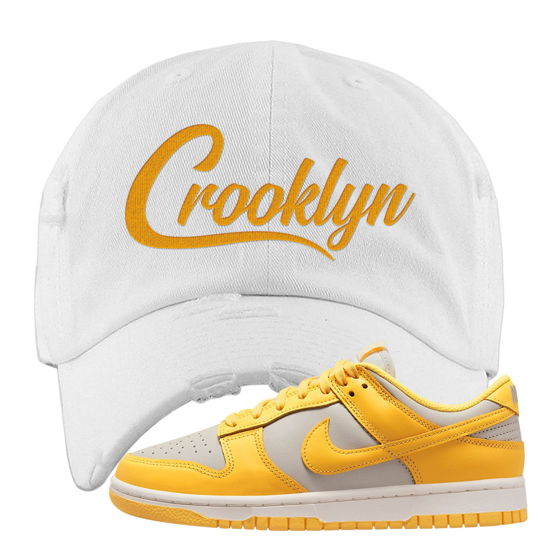 Citron Pulse Low Dunks Distressed Dad Hat | Crooklyn, White