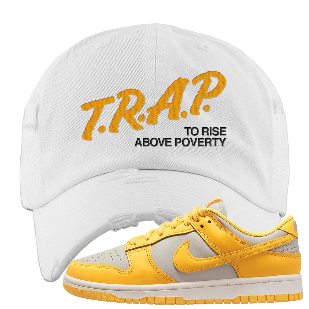 Citron Pulse Low Dunks Distressed Dad Hat | Trap To Rise Above Poverty, White