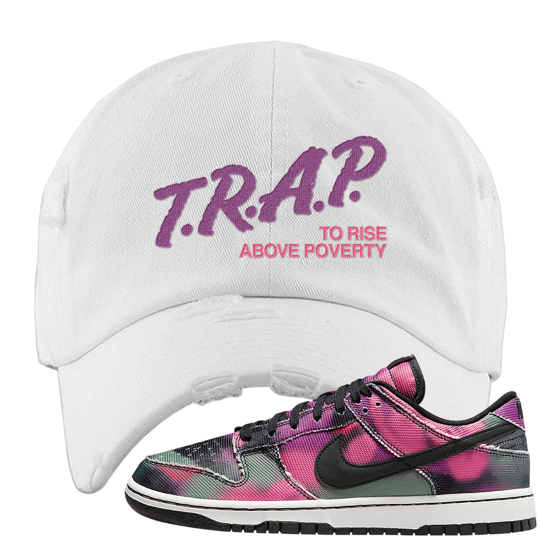 Graffiti Low Dunks Distressed Dad Hat | Trap To Rise Above Poverty, White