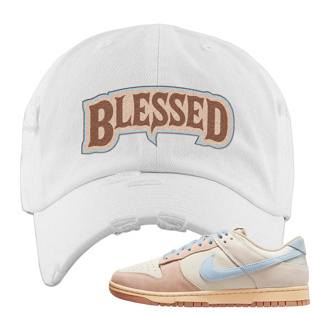 Light Armory Blue Low Dunks Distressed Dad Hat | Blessed Arch, White