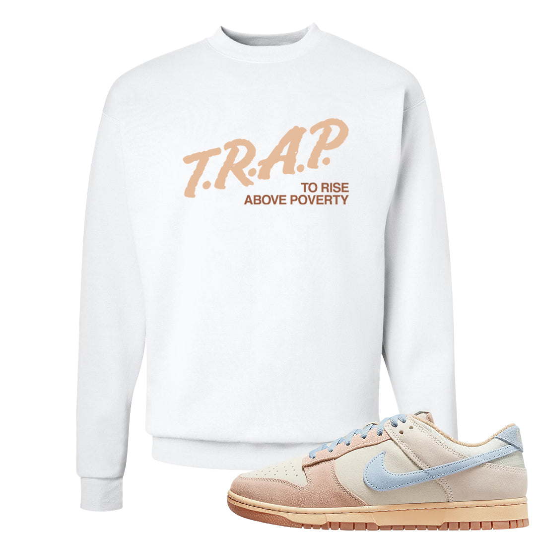 Light Armory Blue Low Dunks Crewneck Sweatshirt | Trap To Rise Above Poverty, White