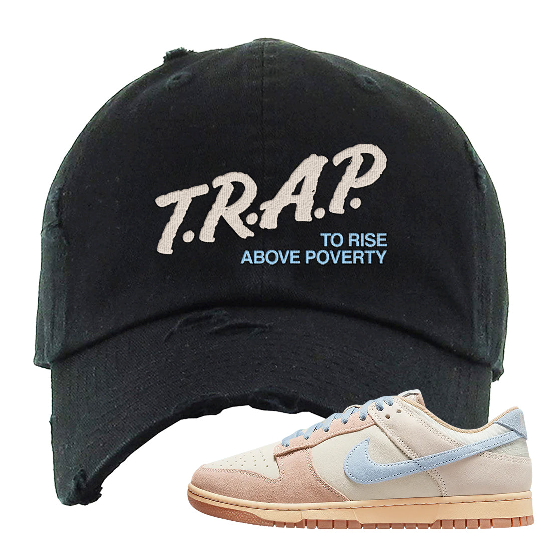 Light Armory Blue Low Dunks Distressed Dad Hat | Trap To Rise Above Poverty, Black