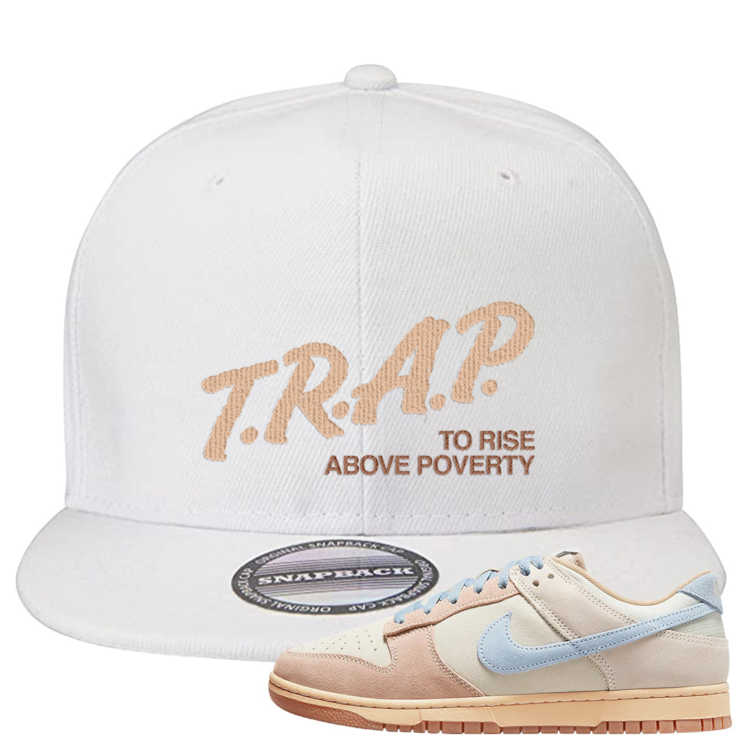 Light Armory Blue Low Dunks Snapback Hat | Trap To Rise Above Poverty, White