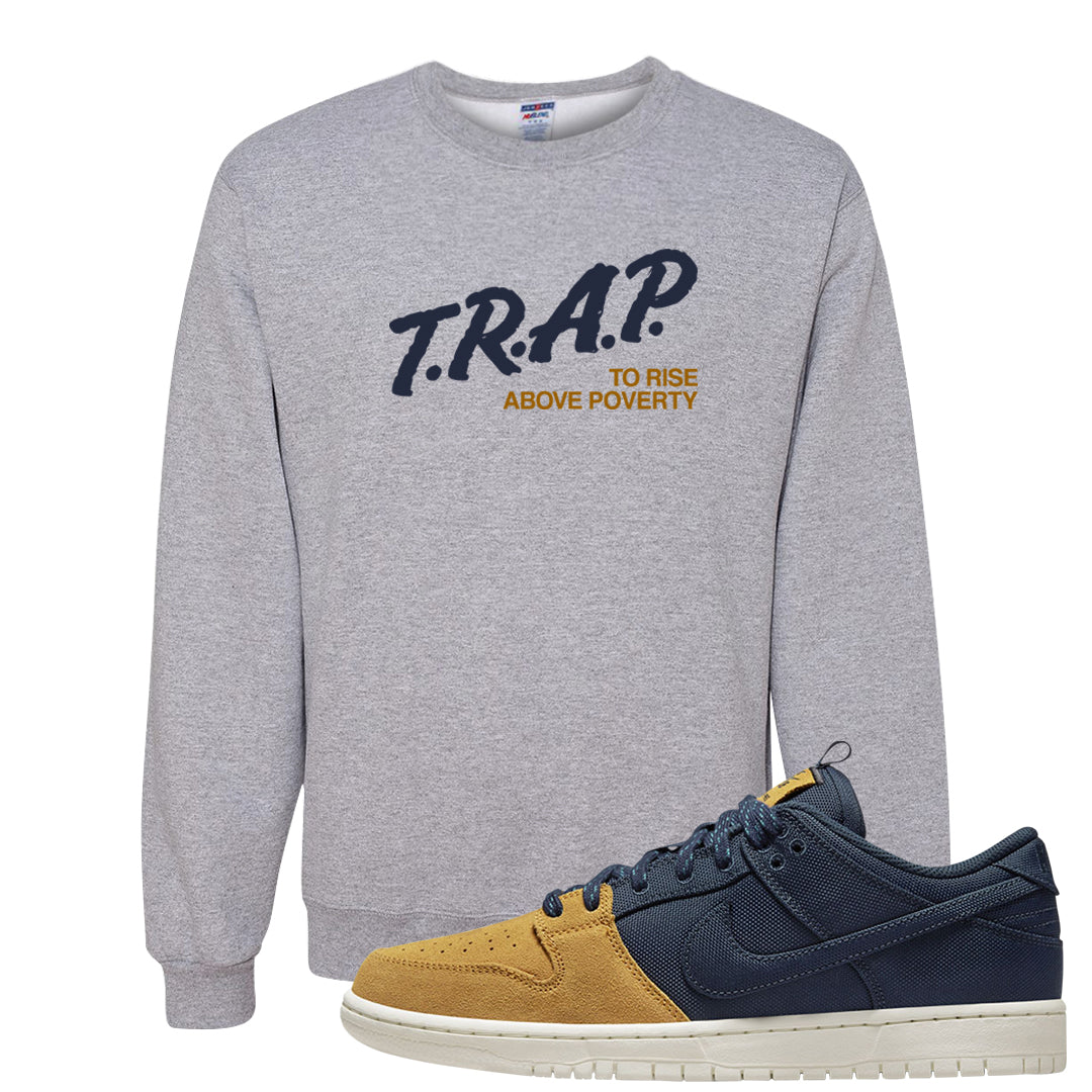 Midnight Navy Ochre Low Dunks Crewneck Sweatshirt | Trap To Rise Above Poverty, Ash