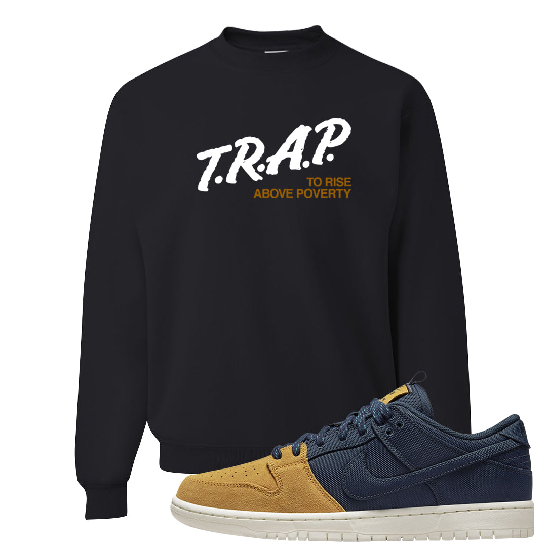 Midnight Navy Ochre Low Dunks Crewneck Sweatshirt | Trap To Rise Above Poverty, Black