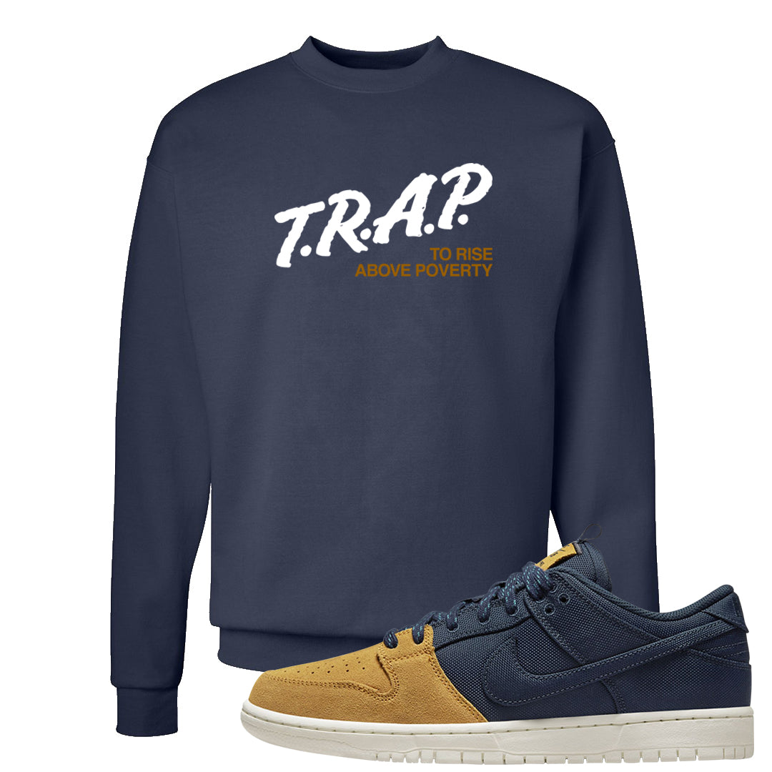 Midnight Navy Ochre Low Dunks Crewneck Sweatshirt | Trap To Rise Above Poverty, Navy