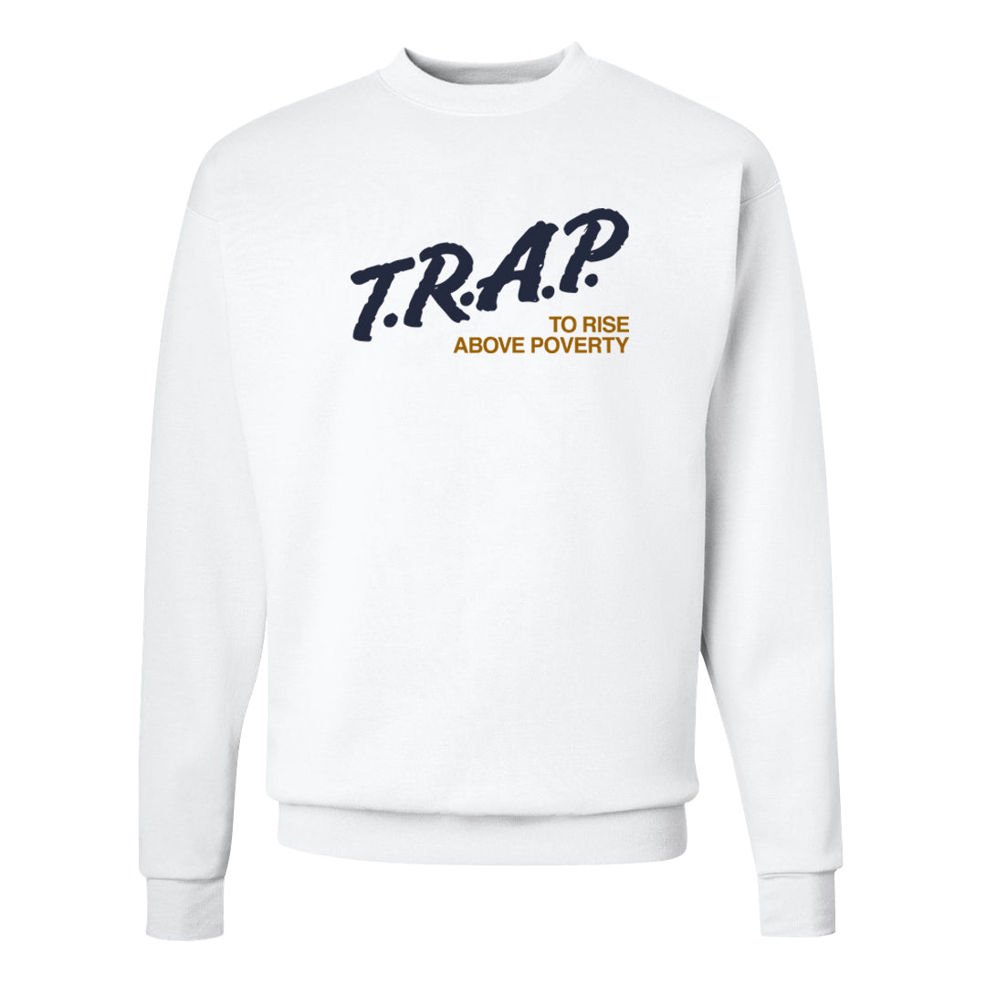 Midnight Navy Ochre Low Dunks Crewneck Sweatshirt | Trap To Rise Above Poverty, White