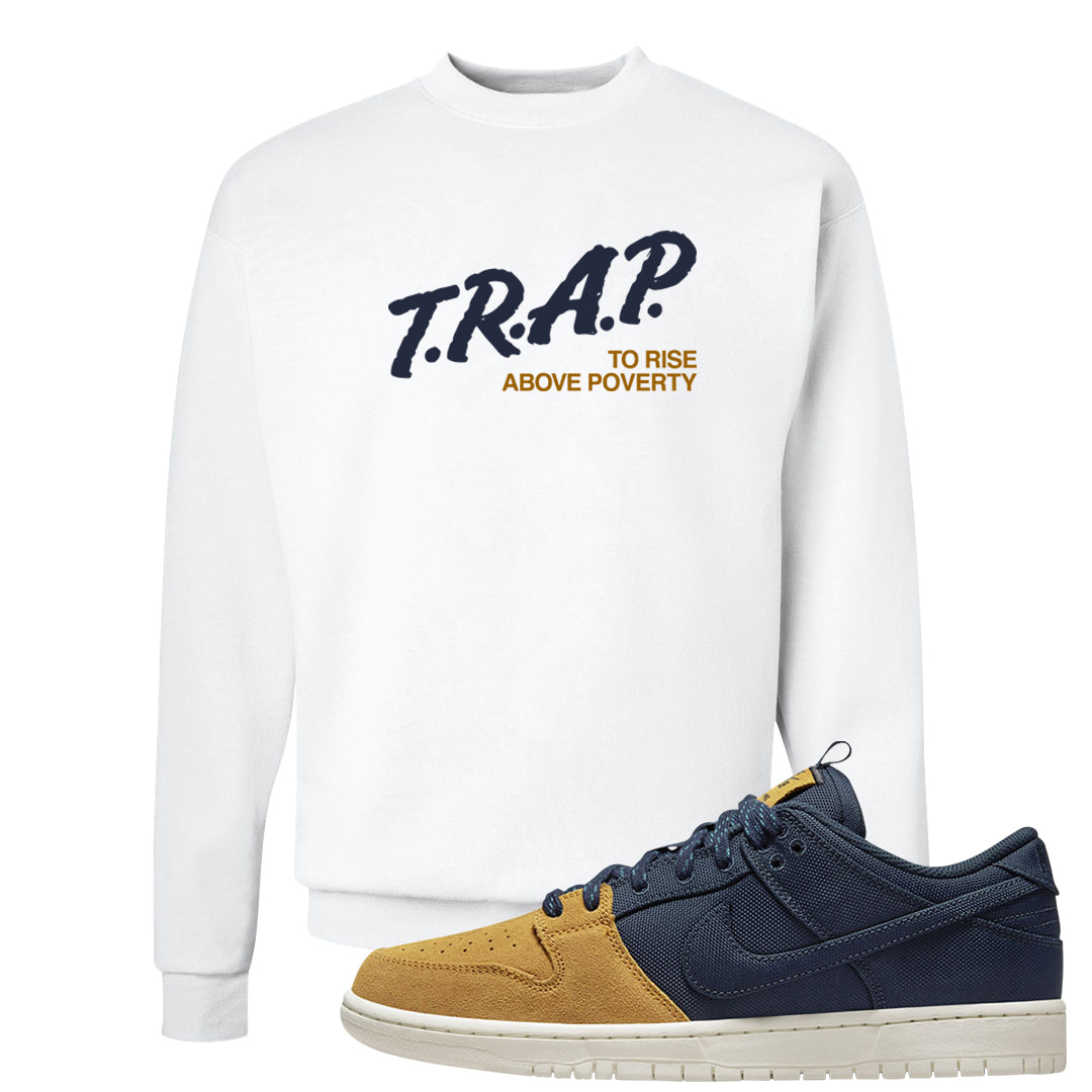 Midnight Navy Ochre Low Dunks Crewneck Sweatshirt | Trap To Rise Above Poverty, White