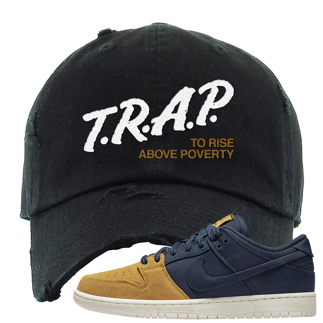 Midnight Navy Ochre Low Dunks Distressed Dad Hat | Trap To Rise Above Poverty, Black