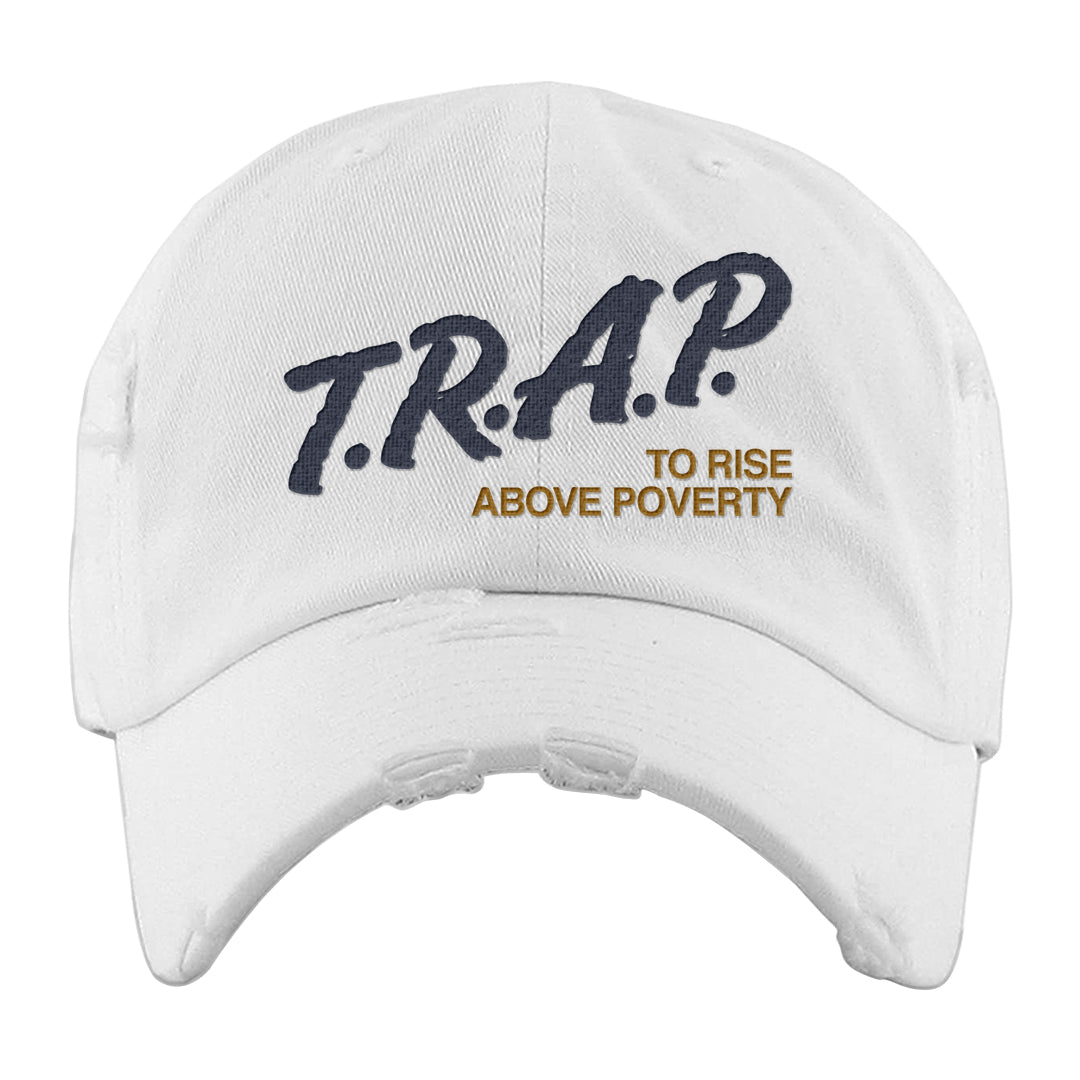 Midnight Navy Ochre Low Dunks Distressed Dad Hat | Trap To Rise Above Poverty, White