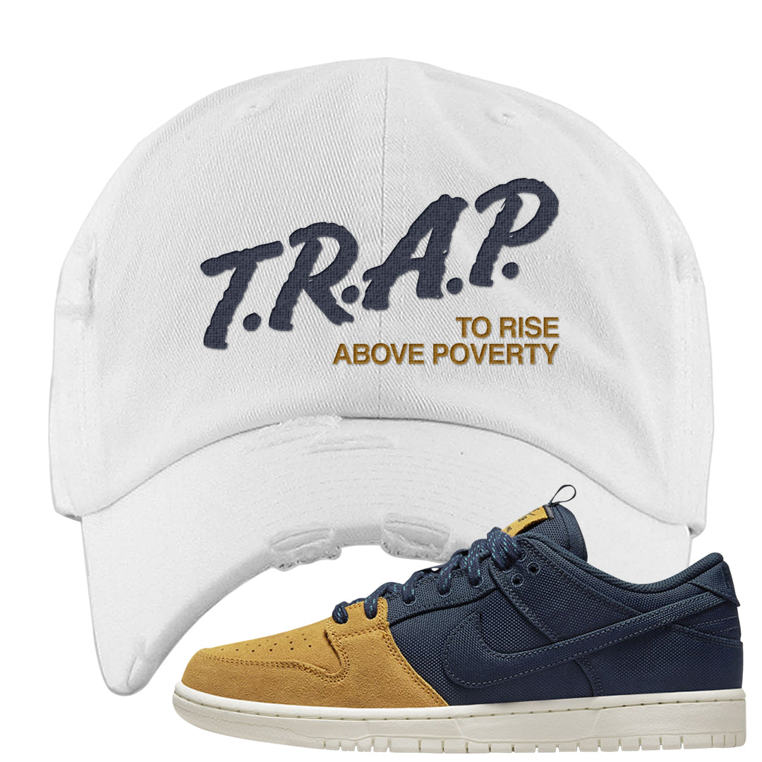 Midnight Navy Ochre Low Dunks Distressed Dad Hat | Trap To Rise Above Poverty, White