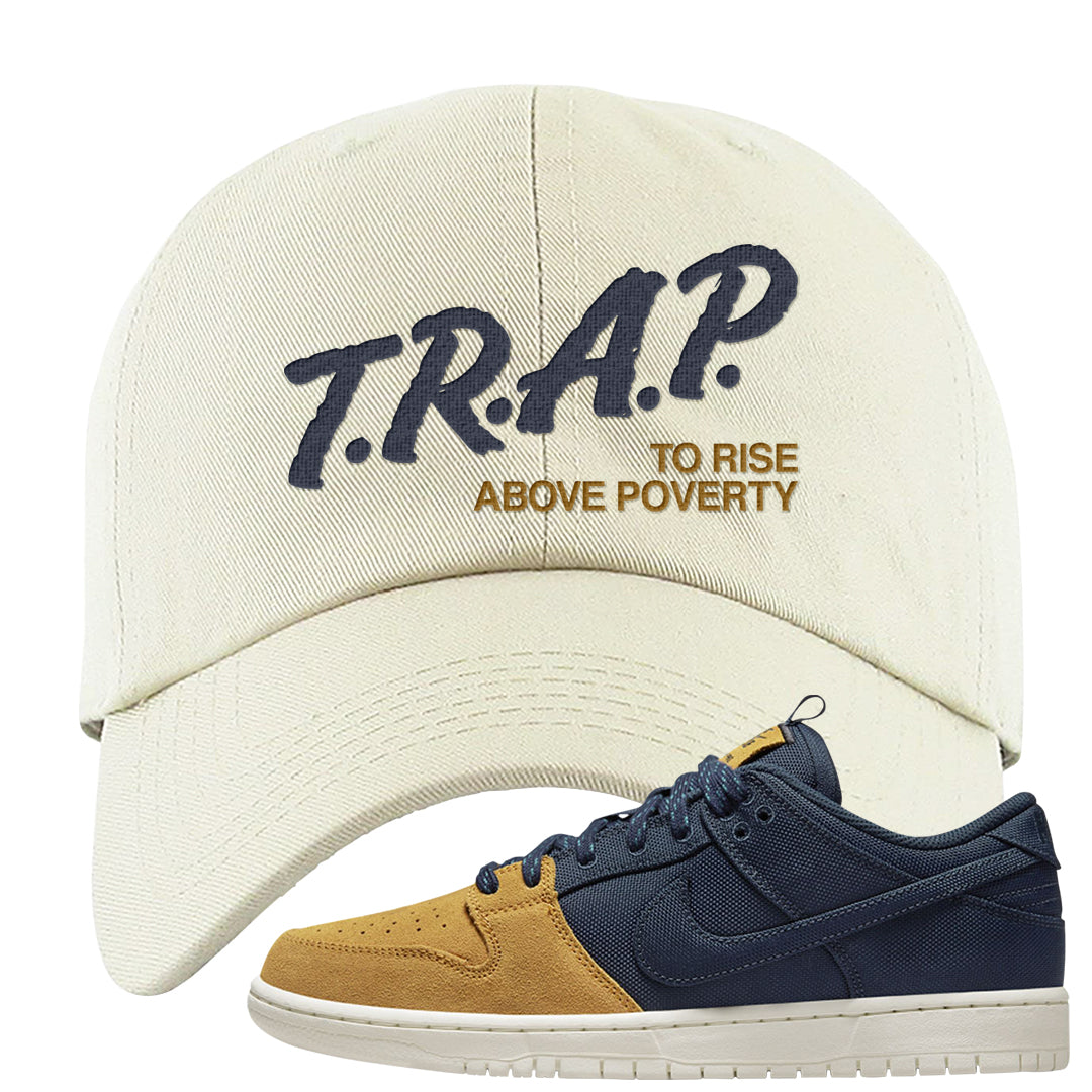 Midnight Navy Ochre Low Dunks Dad Hat | Trap To Rise Above Poverty, White