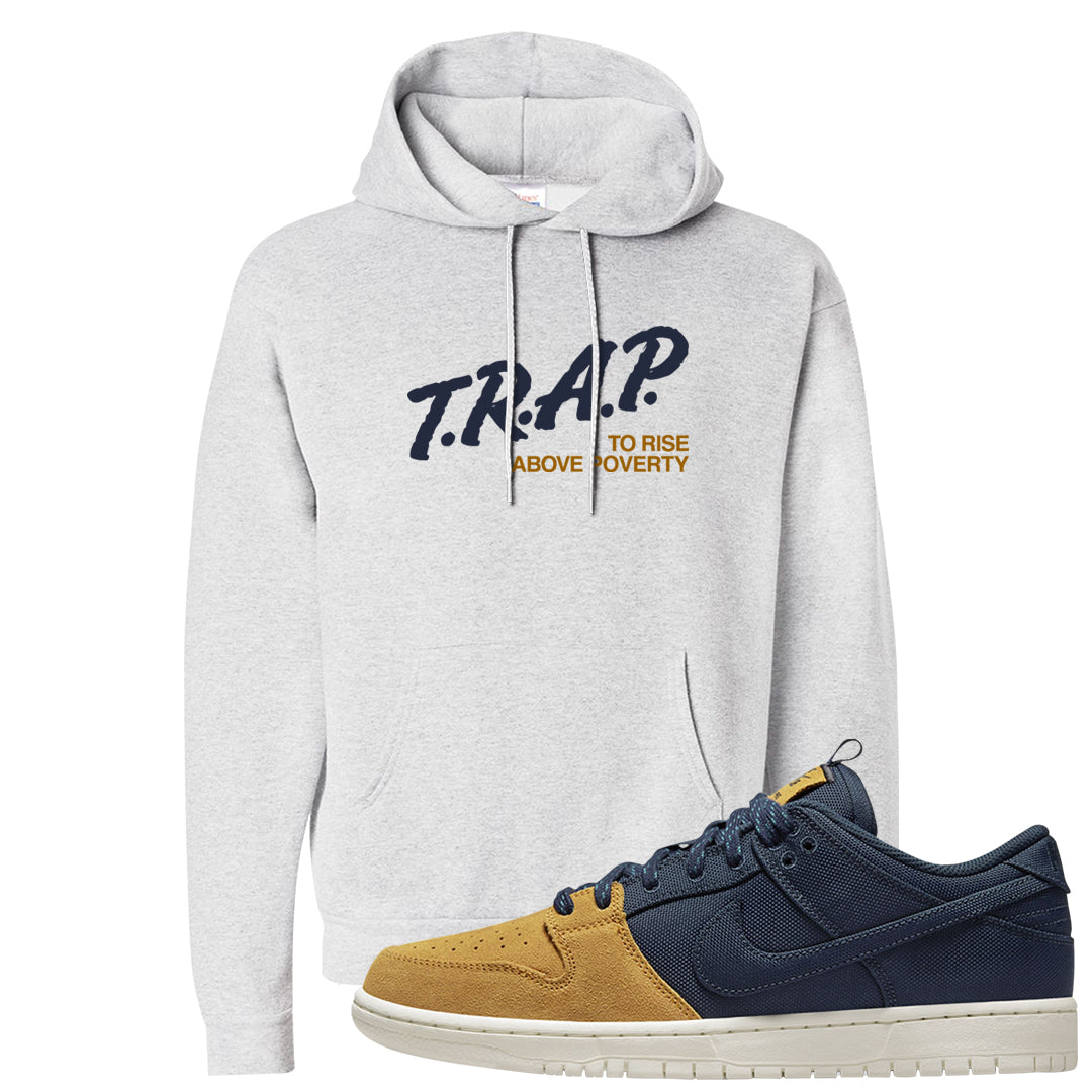 Midnight Navy Ochre Low Dunks Hoodie | Trap To Rise Above Poverty, Ash