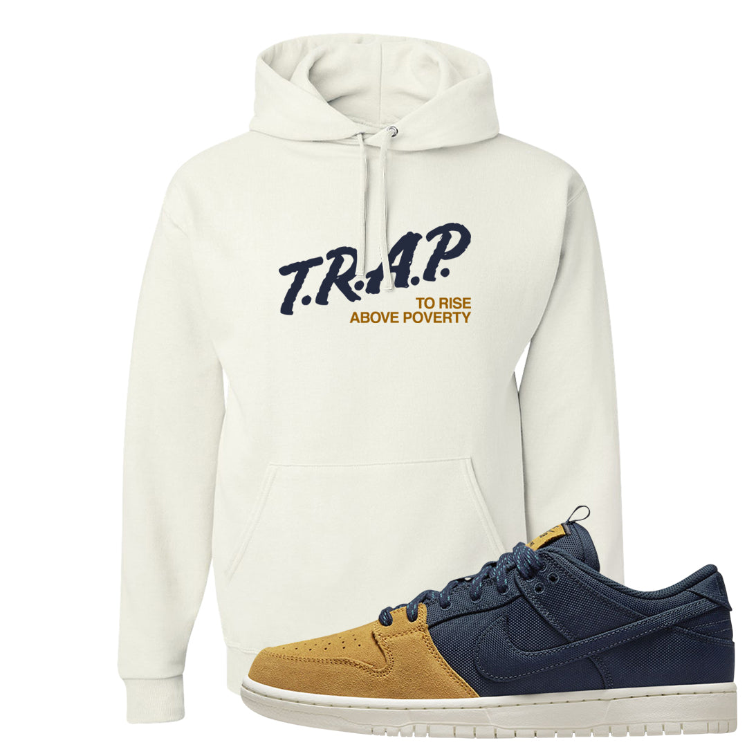 Midnight Navy Ochre Low Dunks Hoodie | Trap To Rise Above Poverty, White