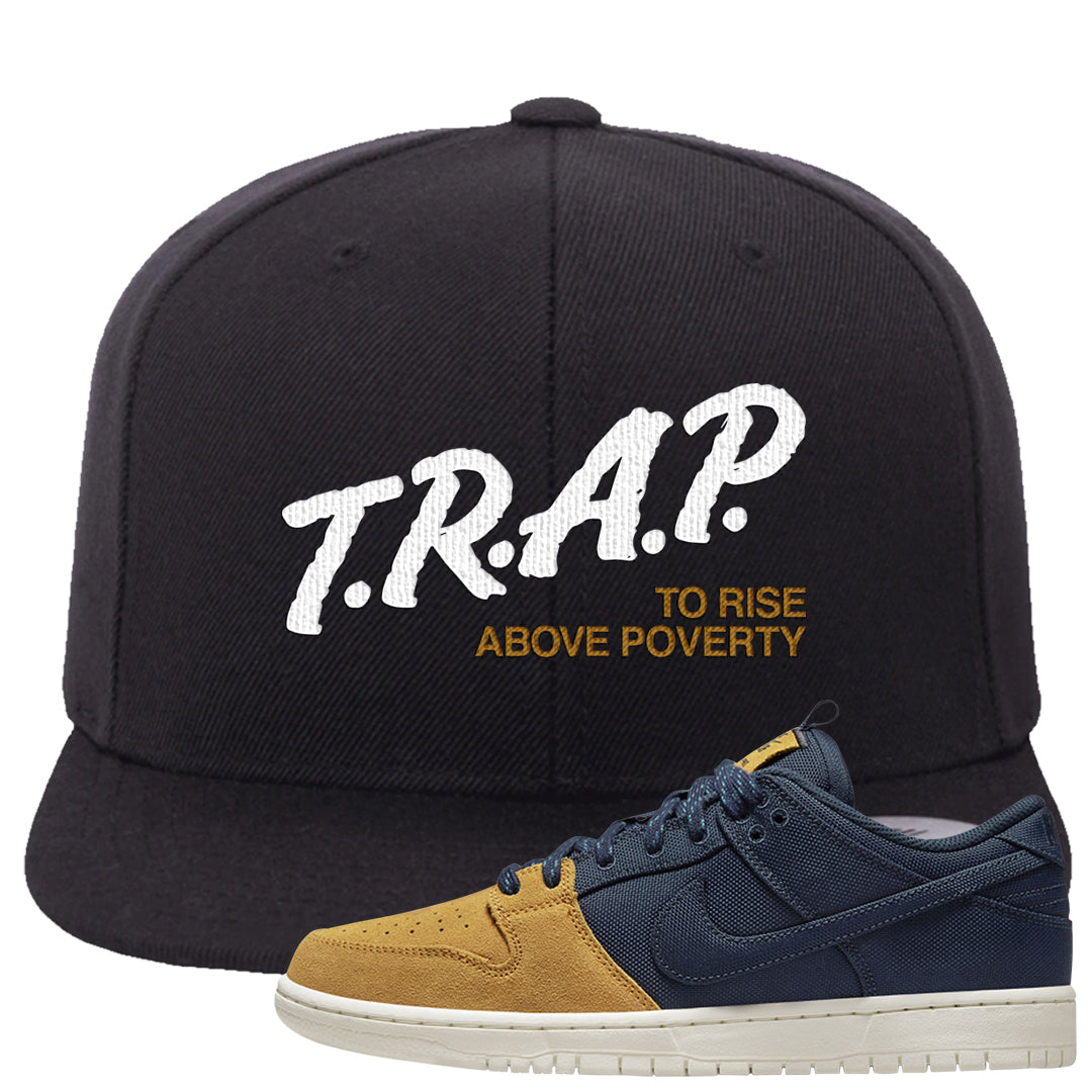 Midnight Navy Ochre Low Dunks Snapback Hat | Trap To Rise Above Poverty, Black