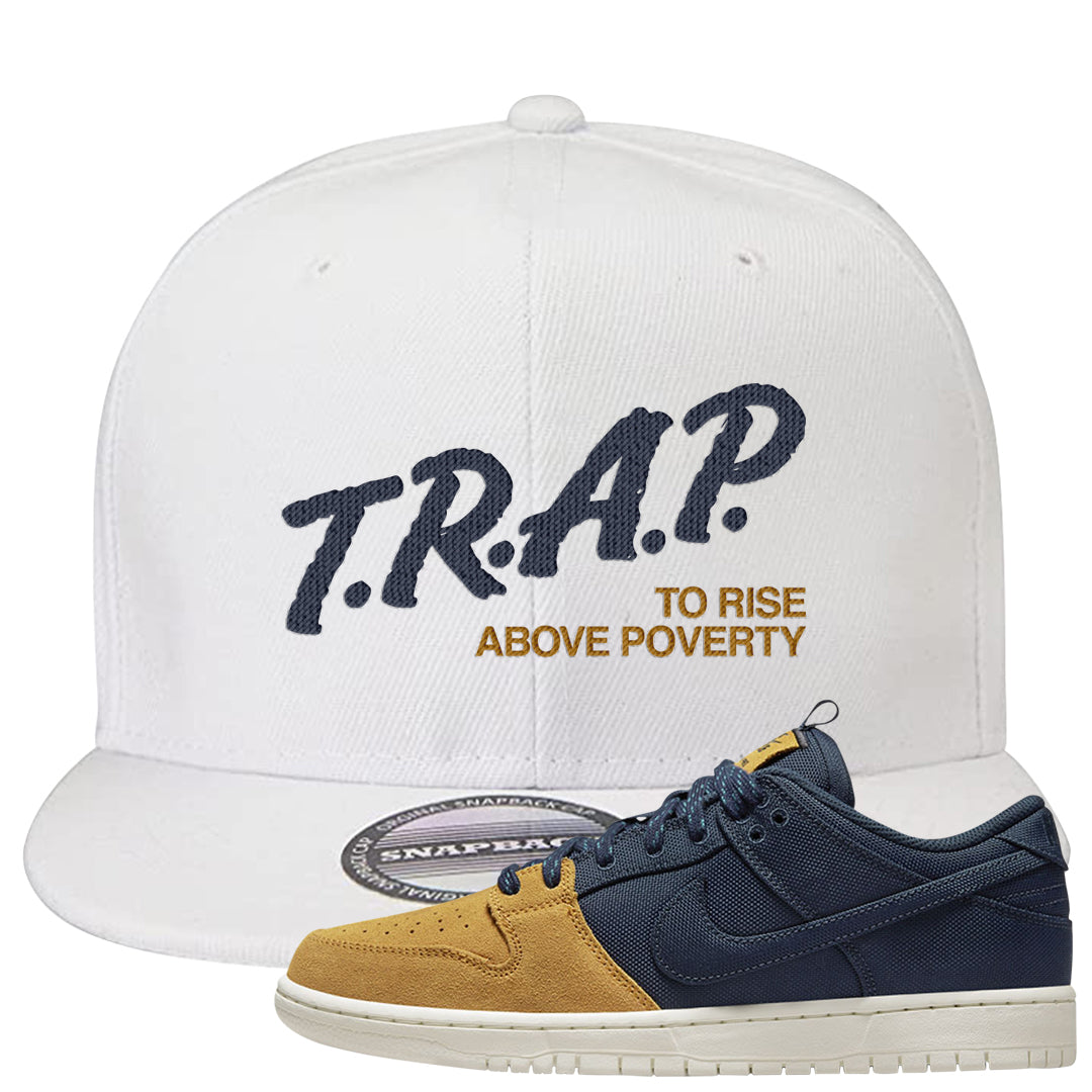 Midnight Navy Ochre Low Dunks Snapback Hat | Trap To Rise Above Poverty, White