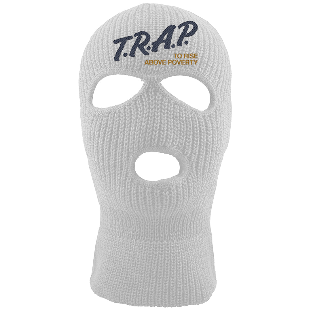 Midnight Navy Ochre Low Dunks Ski Mask | Trap To Rise Above Poverty, White