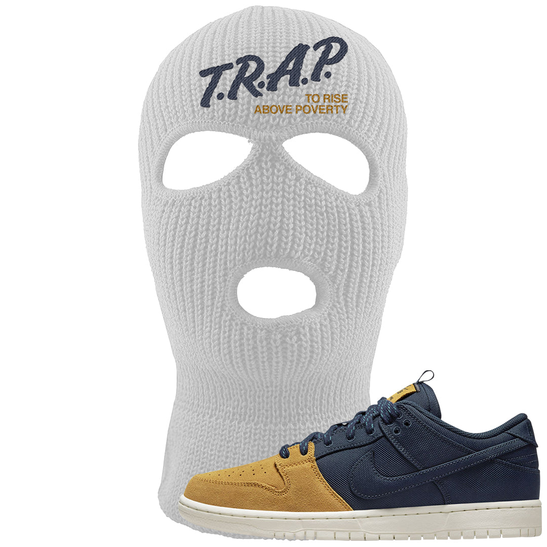 Midnight Navy Ochre Low Dunks Ski Mask | Trap To Rise Above Poverty, White