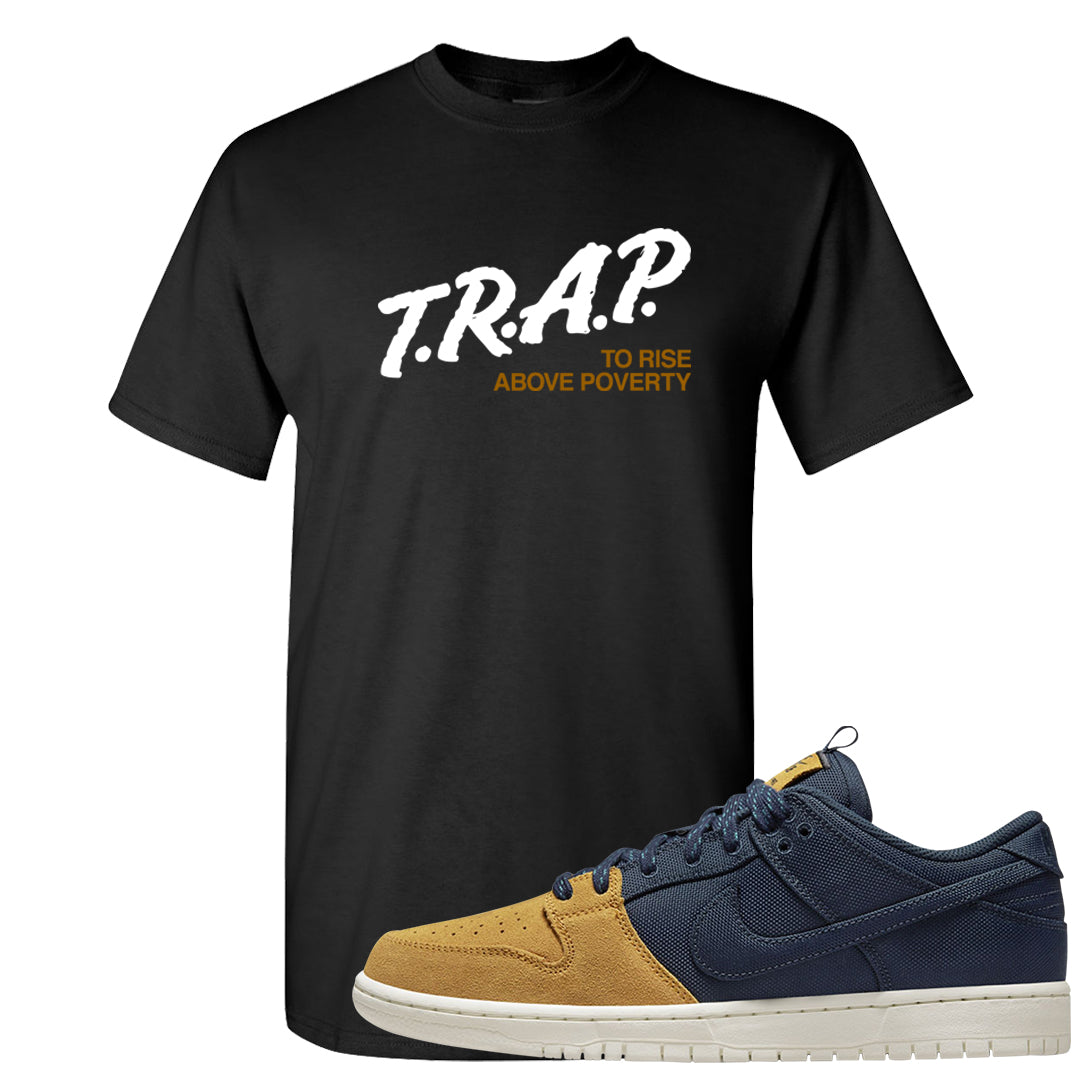Midnight Navy Ochre Low Dunks T Shirt | Trap To Rise Above Poverty, Black