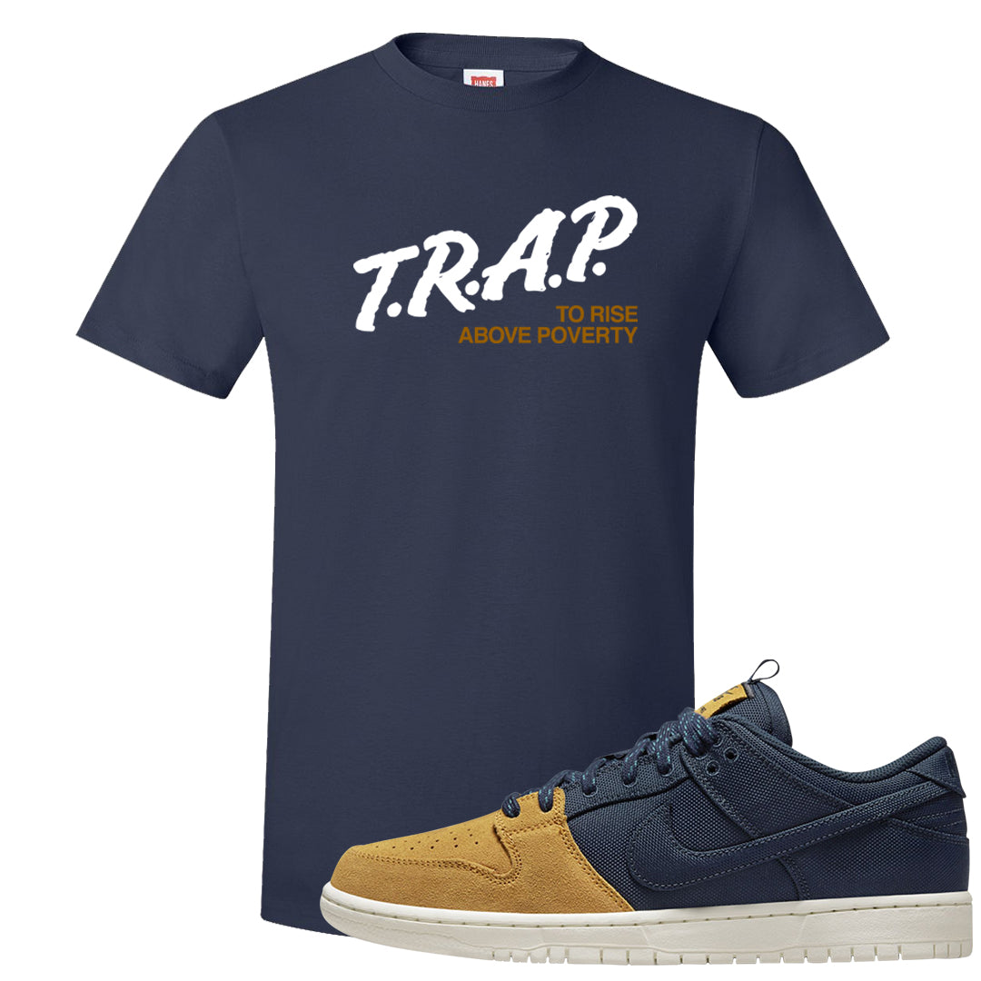 Midnight Navy Ochre Low Dunks T Shirt | Trap To Rise Above Poverty, Navy