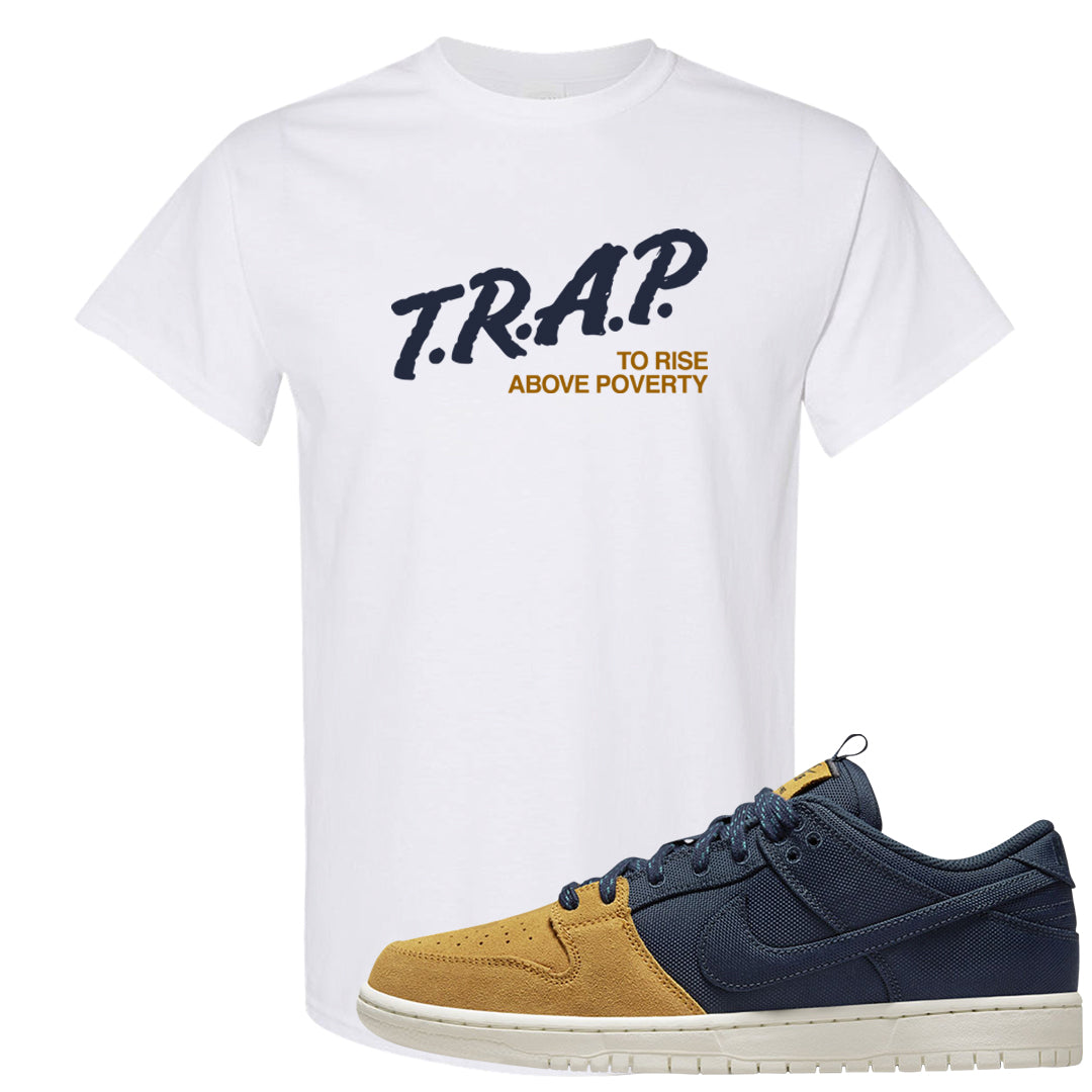 Midnight Navy Ochre Low Dunks T Shirt | Trap To Rise Above Poverty, White