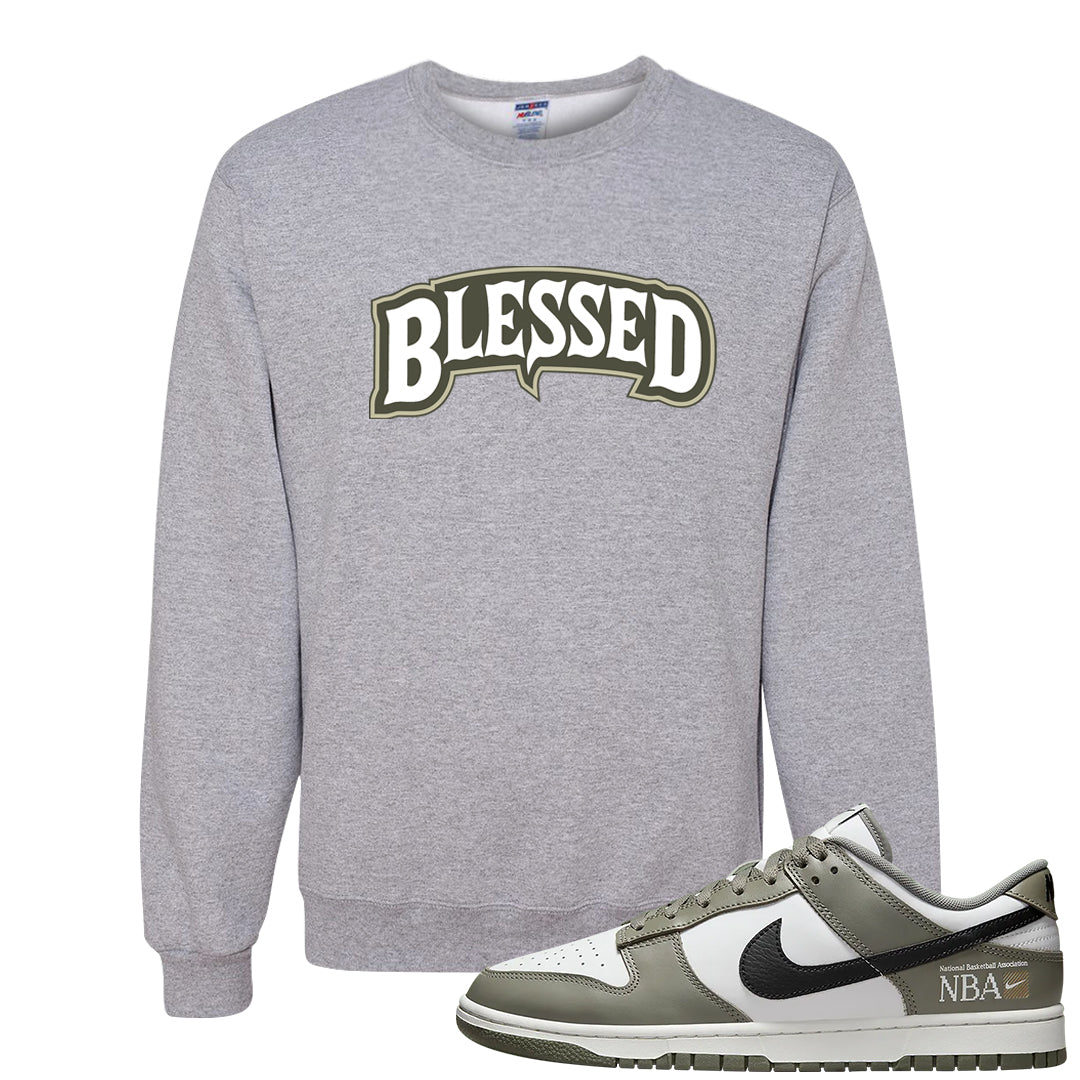 Muted Olive Grey Low Dunks Crewneck Sweatshirt | Blessed Arch, Ash