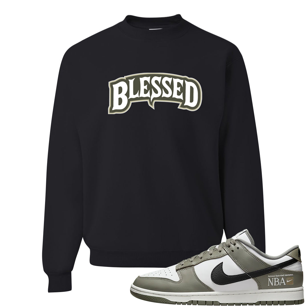 Muted Olive Grey Low Dunks Crewneck Sweatshirt | Blessed Arch, Black
